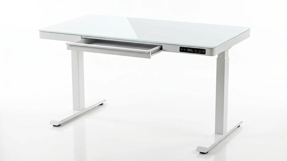 FlexiSpot Comhar compact standing desk with integrated pull-out drawer and front USB charging hub