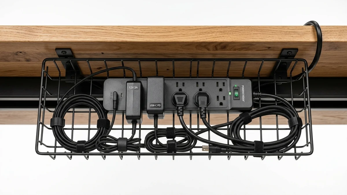 FlexiSpot E7 Pro under-desk cable management channel and magnetic snap cover